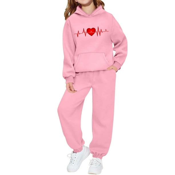 Conjunto de sudadera con capucha de manga larga para niños con estampado en forma de corazón y pantalones deportivos con lazo en las piernas, conjunto deportivo informal de dos piezas para niños, poli