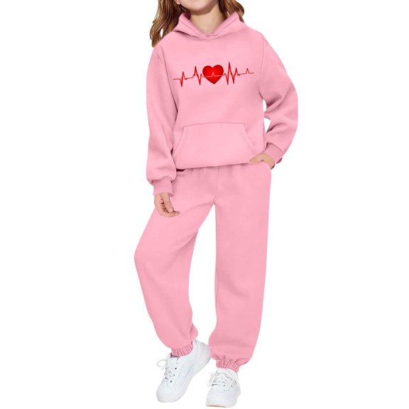 ATOGUTA Kids Clothing Girls Set Valentine's Day Sweatsuits Pant Set Long Sleeve Athletic Sweatshirts and Sweatpants with Pockets Size 2T-13, Pink