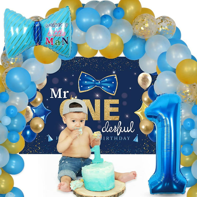 116 PCs Mr Onederful Birthday Decorations, Homond Boys 1st Blue and Gold  Little Man Party Decorations Backdrop Balloon Garland Monthly Photo  Highchair