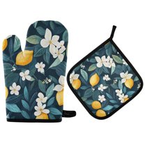 Yayeee Oven Mitts and Pot Holder Set of 4 Heat Resistant Kitchen Gloves Baking Hot Pad, Floral Lemon