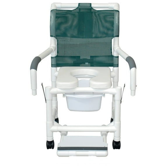MJM International 118-3TW-SF-SQ-PAIL-SSDE-DDA Shower Chair 18" int width, 3" twin brake casters, open front soft seat, sliding footrest, square commode pail, dual swing away armrests, 300 lbs wt cap
