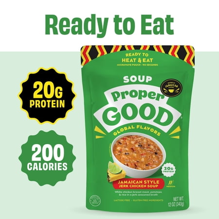 Proper Good Jamaican Style Jerk Chicken Soup, Ready in 90 Seconds, Shelf Stable Meal, 12 oz