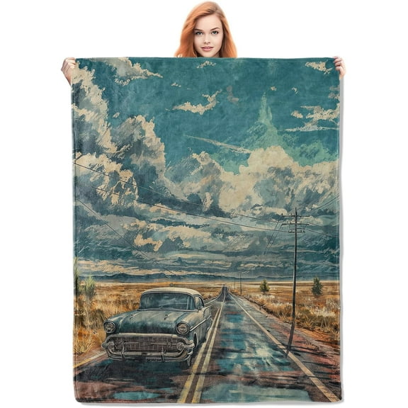 Vintage Car Route 66 Blanket, Classic Car and Scenic Highway Flannel Throw Blankets,Soft Warm Lightweight Cozy Plush Throws for Bed Sofa Office Home Decor Gifts for Men Travel Lovers 60"x50"