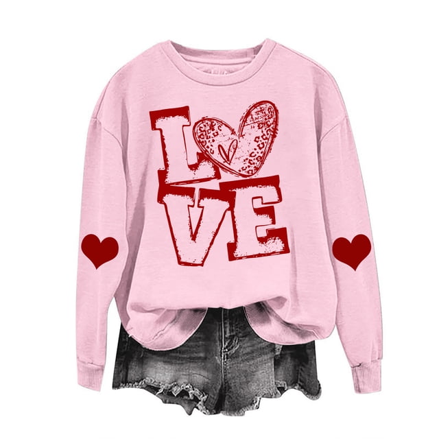 RKSTN Chandail de la Saint-Valentin pour Femmes, Chandail Uni Imprimé de Cœurs, Col Rond, Manches Longues, Coupe Ample, Chemisier, Hauts