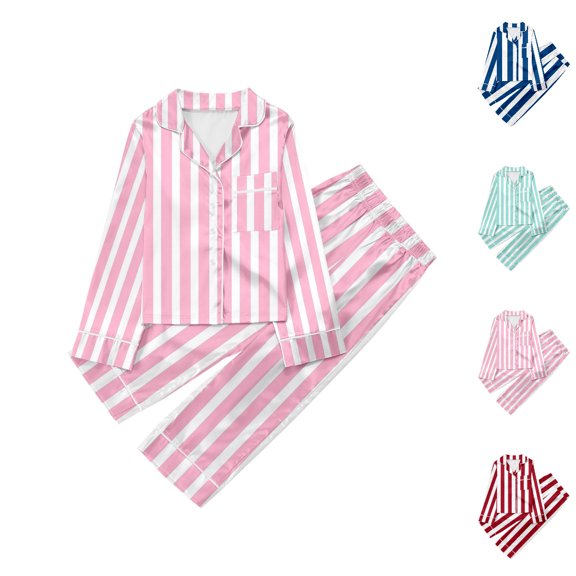 UJNDER Childrens Striped Print Button Down Lapel Long Sleeve Top and Pants Casual Loungewear Pajama Set for Kids Kids Pajamas,Pink,3-4 Years