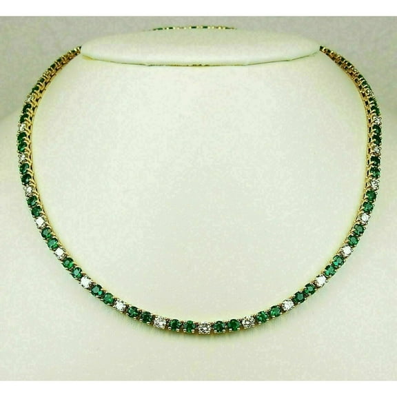 Round Cut CZ Green Emerald and Diamond Tennis Necklace 14K Gold Plated, CZ tennis necklace , velentine gift for women