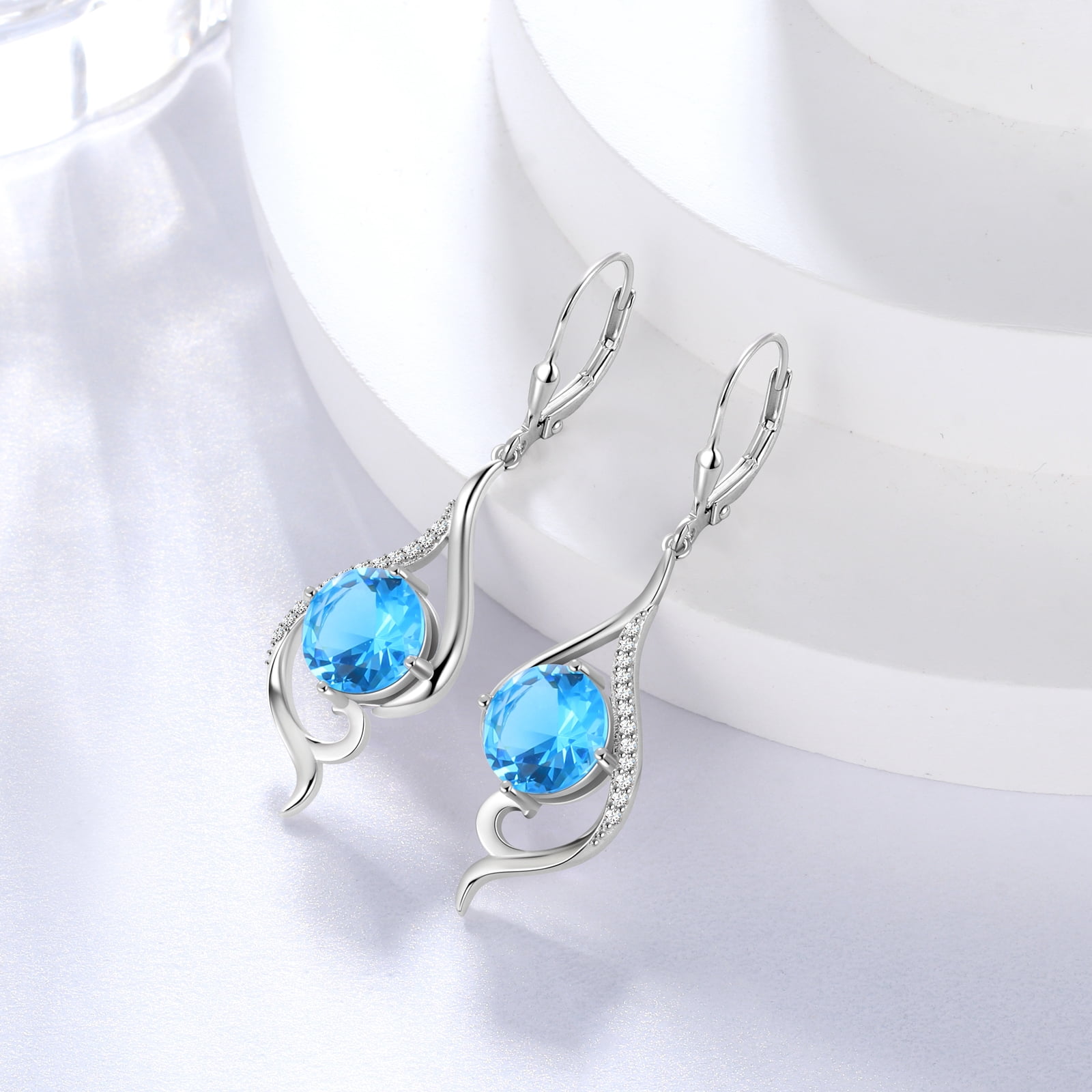 Juwaliy Women Dangle Earrings March Birthstone Earrings Aquamarine Blue Topaz Jewelry Tail 925 Sterling Silver Leverback Mother Wife Christmas Valentines Day Gift for Her