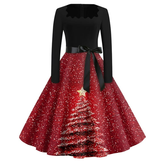 WTOBBY Women's Christmas Flare Dress Long Sleeve Square Collar Hollow Out Casual Party Dress with Vintage Holiday Seasonal Print Pattern,Vermilion S