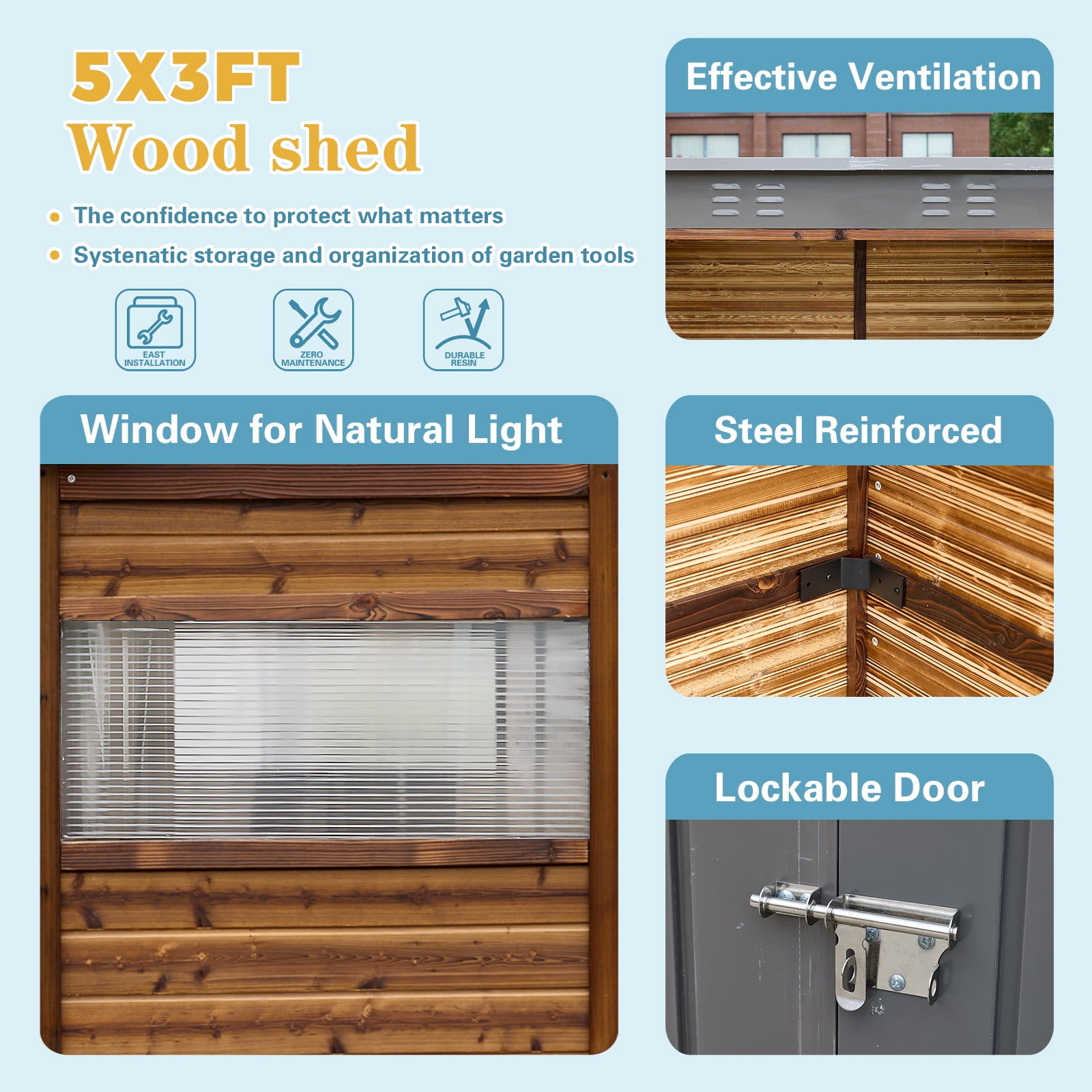 5 ft. W x 3 ft. D Outdoor Iron & Solid Wood Lean-To Tool Storage Shed with Two Doors and Windows