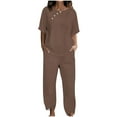 thumbnail image 2 of Dazajoo Two Piece Summer Outfit for Women Casual Cotton Linen Sets Short Sleeve Crew Neck Tops and Elastic Waist Pants with Pockets Lightweight Lounge Suits,Coffee,XL, 2 of 5