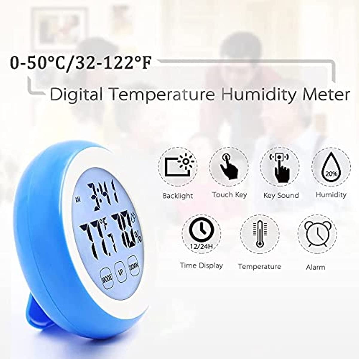 LINLIN Digital Hygrometer Thermometer Clock,Touch Screen Temperature Humidity Monitor Alarm Clock with Backlight Magnetic Battery Operated for Home Fridge Office Baby Room