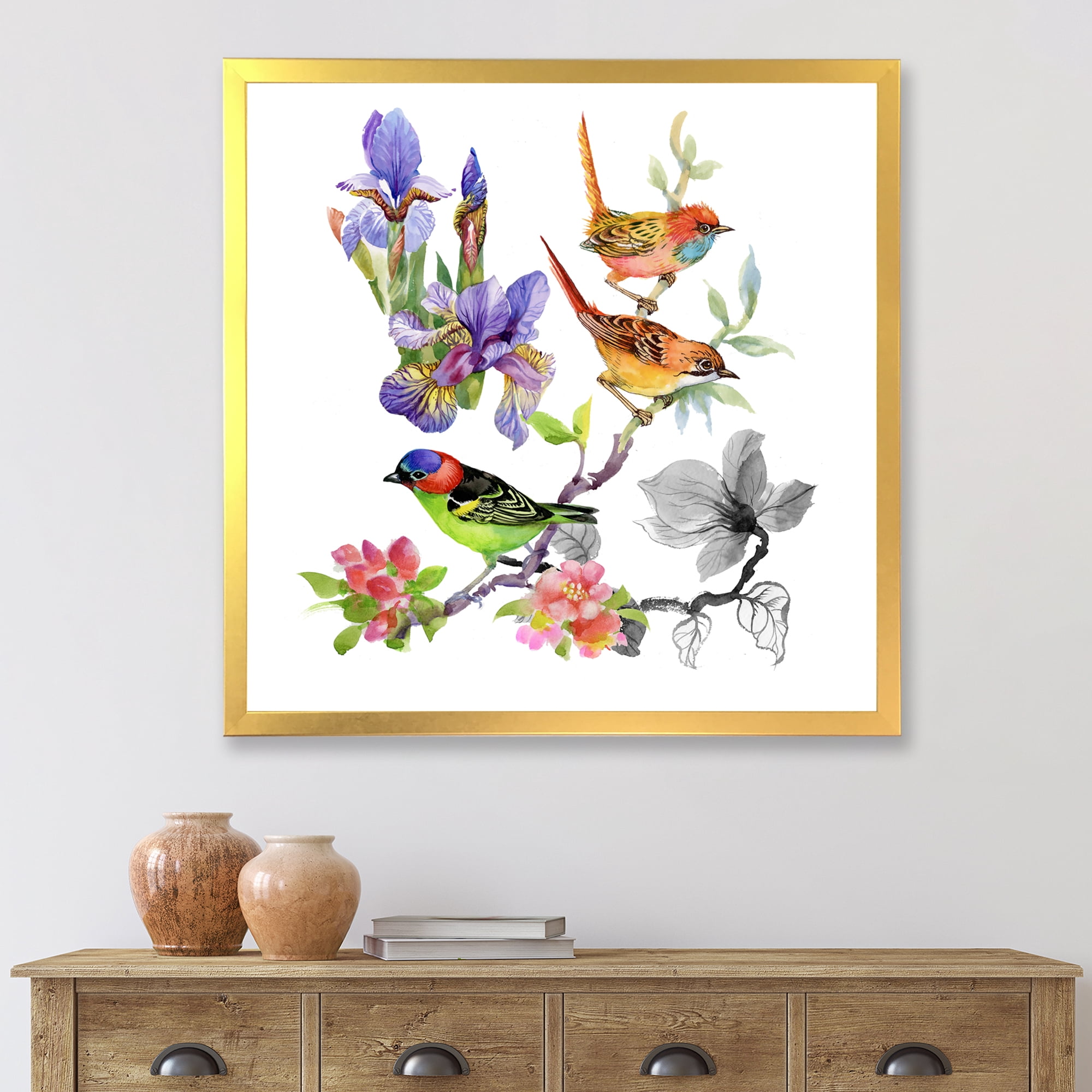 Designart 'Colourful Birds and Tropical Flowers I' Traditional Framed Art Print