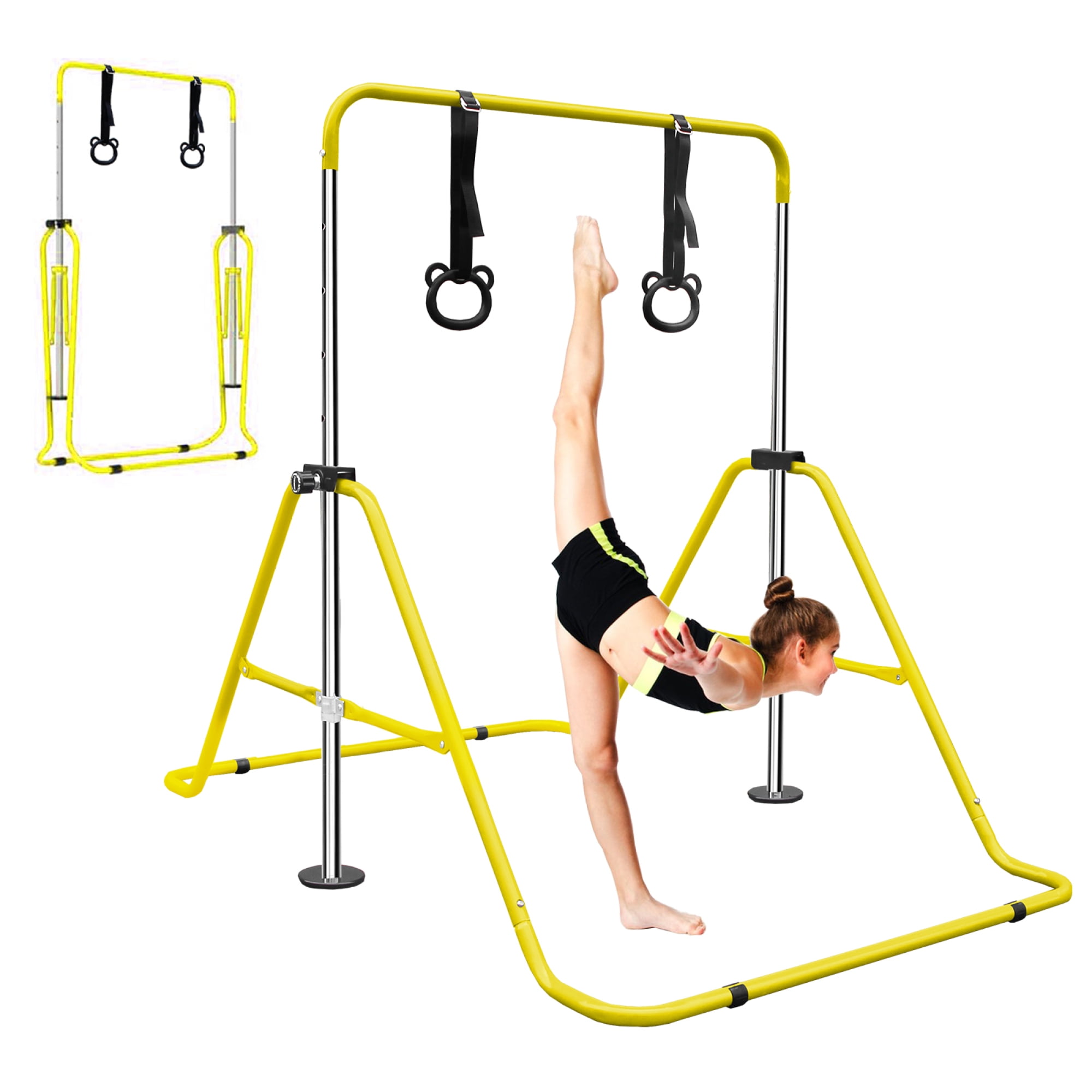 Leumius Gymnastics Bar for Kids,35"-51" Adjustable Height Steel Gymnastic Horizontal Bars with Bear Rings,Gymnastics Equipment for Indoor/Outdoor Training,Yellow