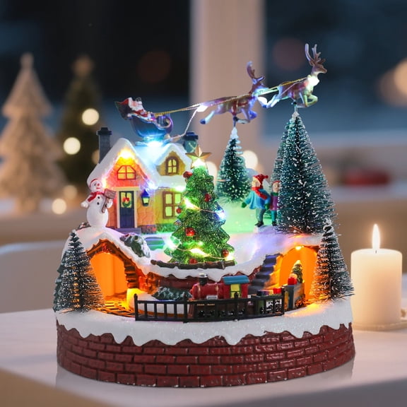 Christmas Village Decor with Santa Sleigh, Reindeer, Snowman & Train,Festive Tabletop Decoration with LED Lights for Indoor Holiday Ambiance,Christmas Decor