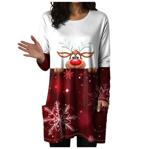 larppty Women Dresses Shirt Christmas Long Sleeve Tops Santa Printed Pullover Loose Plus Size T-Shirt Blouse with Pockets (Red, M)