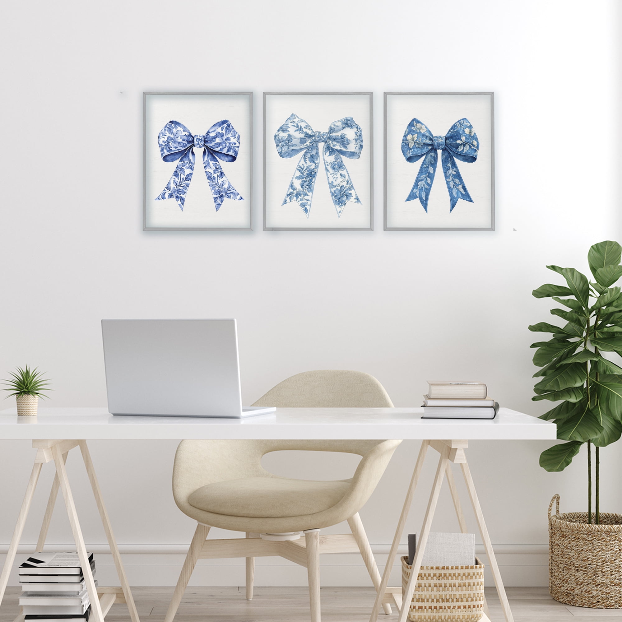 Vintage Toile Pattern Bows 3 Piece Gray Framed Giclee Art Set, design by Lettered and Lined