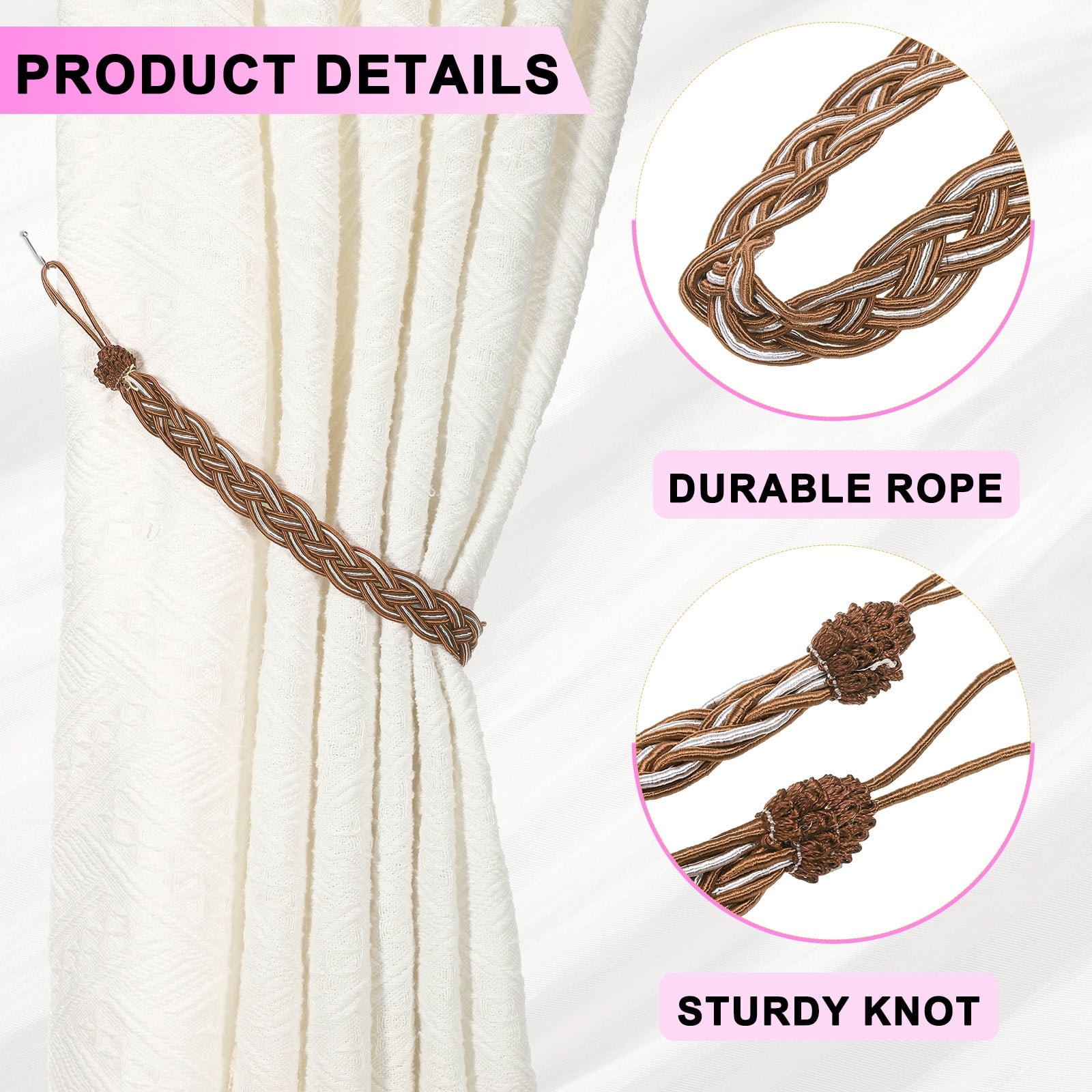 Unique Bargains Curtain Tiebacks Braided Drapery Holdback Brown 22" 4 Pcs