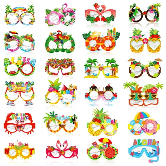 Crusward 24 Pcs Funny Hawaiian Party Glasses, Hawaii Paper Novelty Glasses, Hawaiian Photo Booth Props Accessories for Summer Tropical Beach Pool Party Decors
