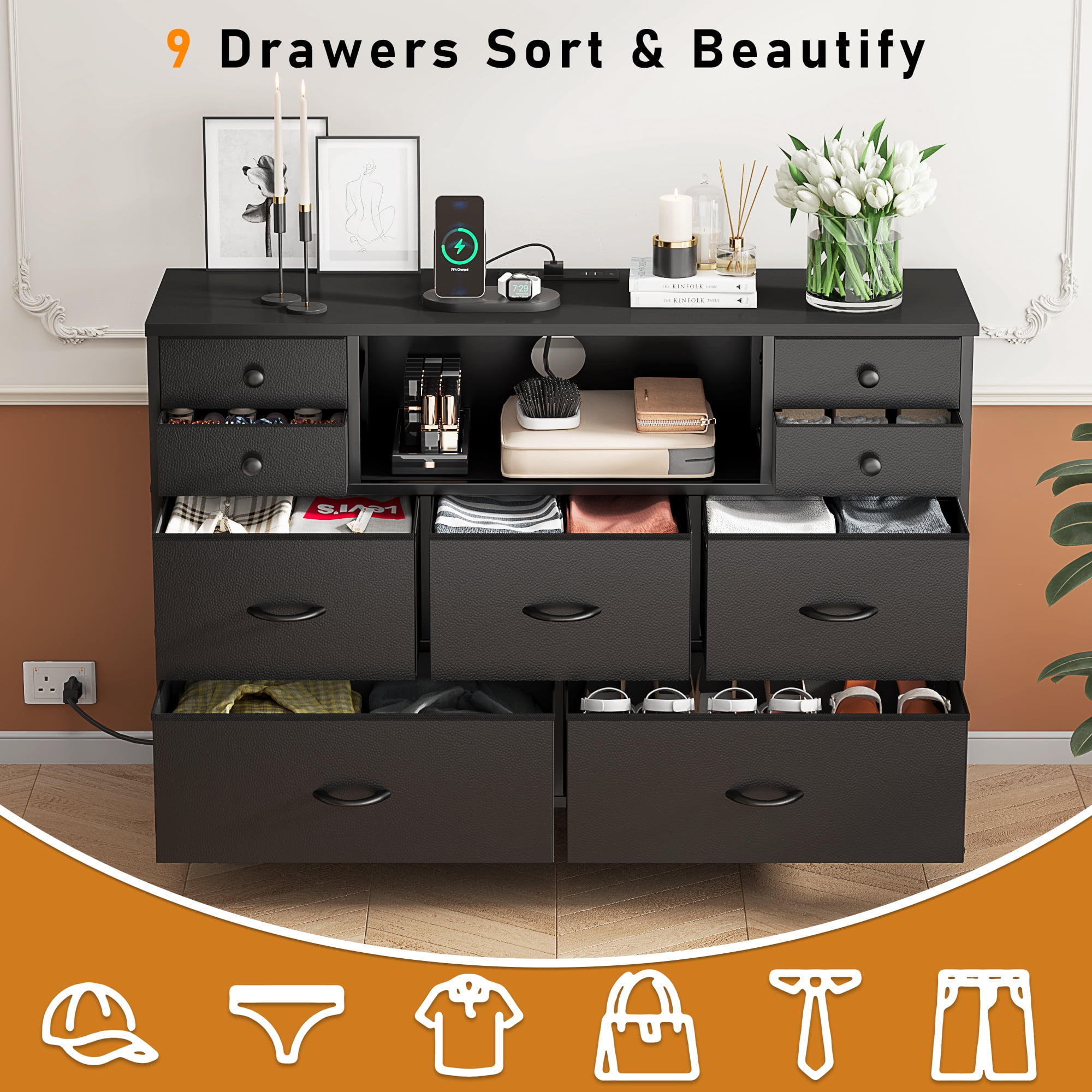 GIKPAL Dresser TV Stand for Bedroom, Black Dresser with LED Lights and Charging Station, Modern Dressers Chest of Drawers with 9 Storage Drawers for Living Room