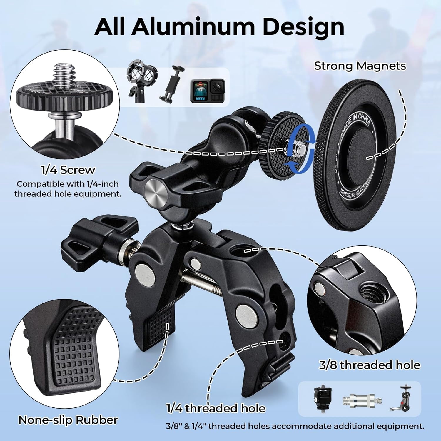 Magnetic Phone Holder for Mic Stand, All-Metal 360° Rotatable Magnet Phone Mount with Clamp, Clip Phones Mount for Microphone & Sheet Music Stands, Compatible with Magsafe & iPhone 17-12