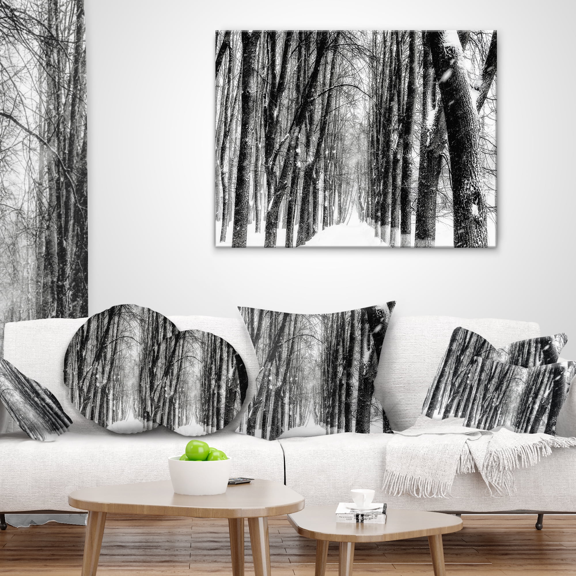 Designart Snowy Forest Black and White - Modern Forest Throw Pillow - 18x18