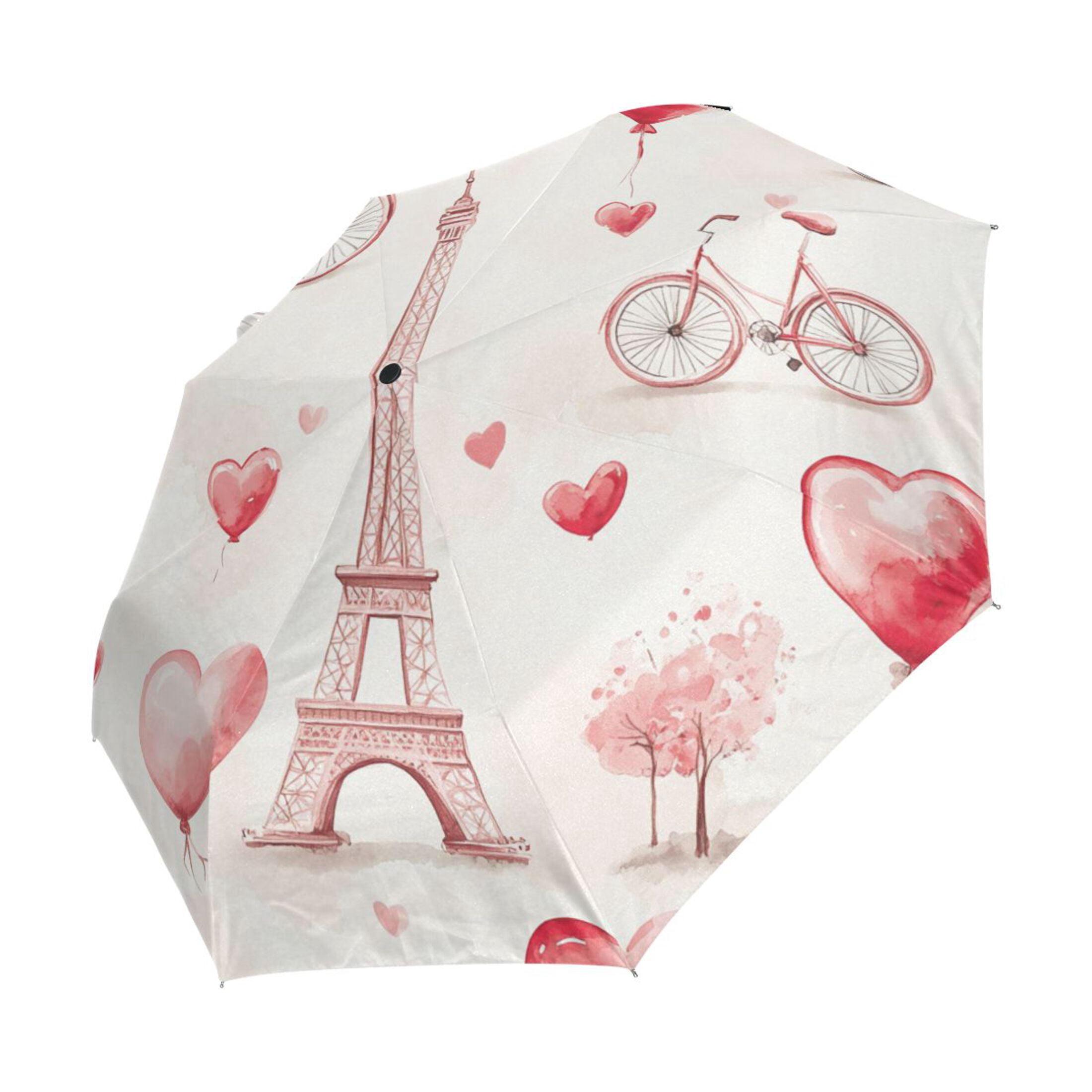 BZSMCE One-Touch Auto Open Close Rain Umbrella With Creative Parisian Romance Pattern