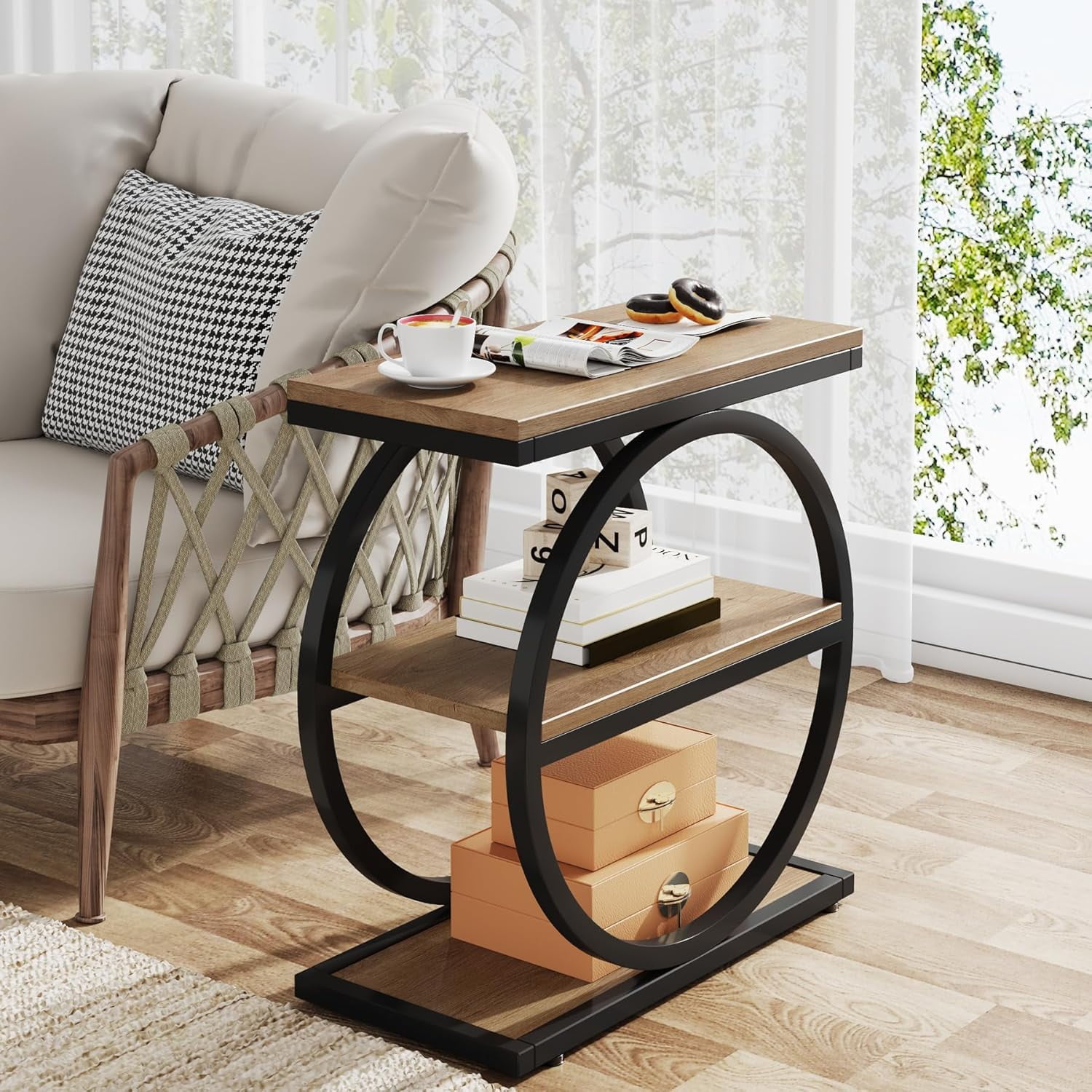 Tribesigns End Table, Wood Side Table with Black Metal Frames, Narrow End Table with 3 Storage Shelves for Living Room