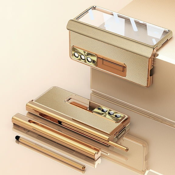 S Pen Slot Hinge Screen Protector Case Compatible with Z Fold 4 Camera Lens Protector Case with Magnetic Stand for Samsung Galaxy Z Fold 4 2022,Gold