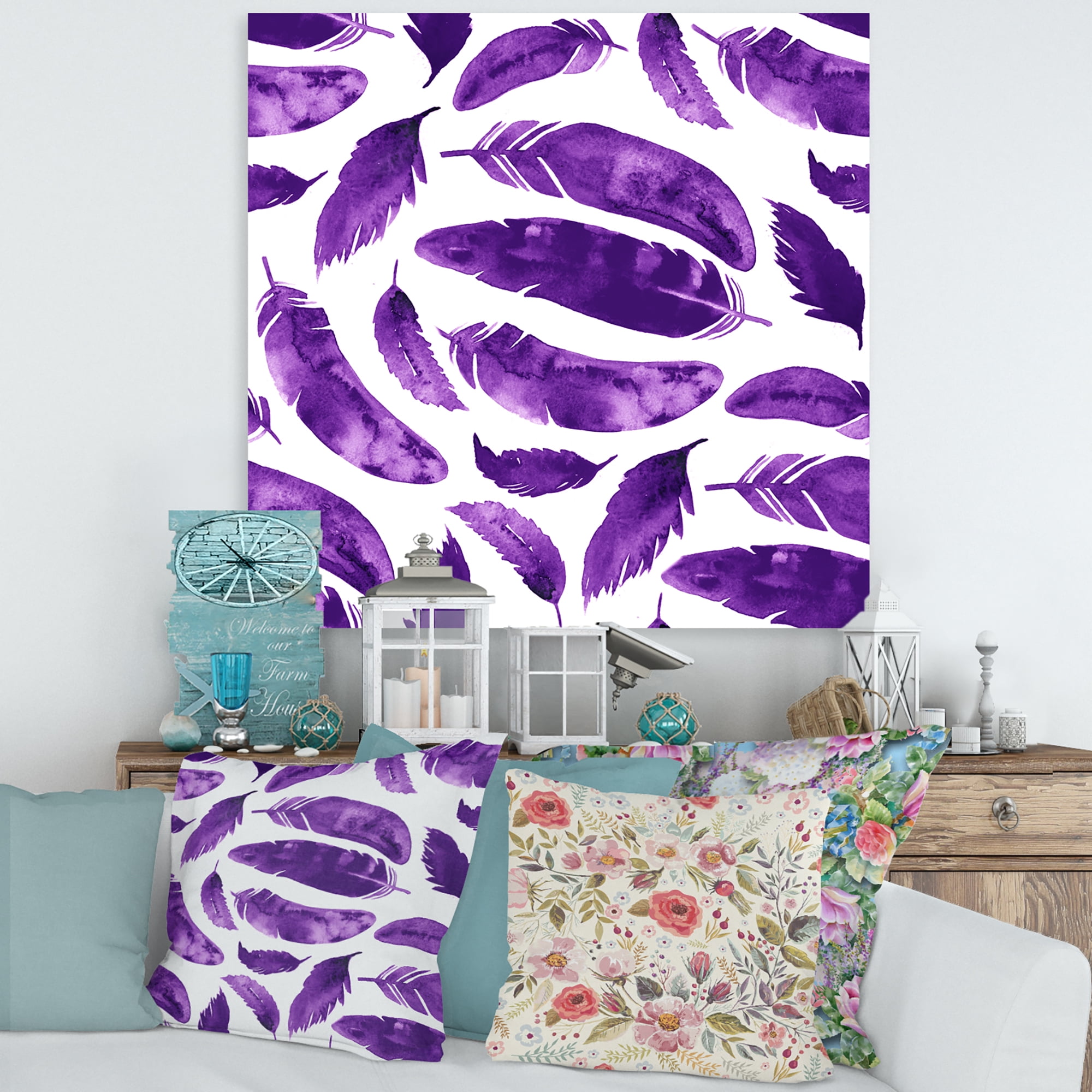 Designart ' Ethnic VIolet Feathers On White ' Bohemian & Eclectic Canvas Wall Art Print