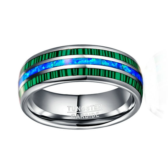 8mm Dome Malachite and Blue Opal Inlaid Tungsten Ring Silver Inner Wedding Bands Ring