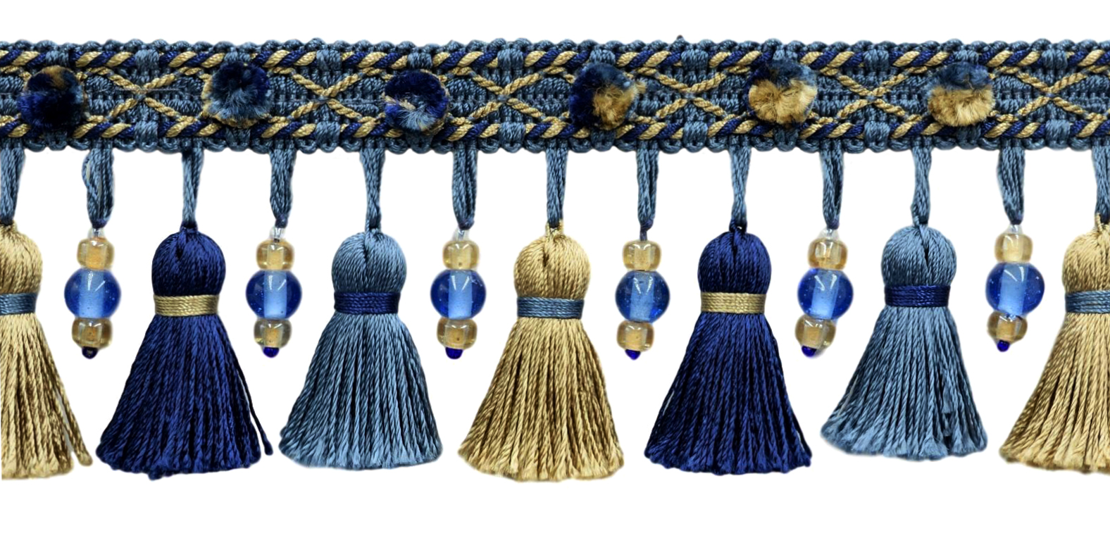 Elegant 3 inch Long Dark Sand, Midnight, Medium Blue Beaded Tassel