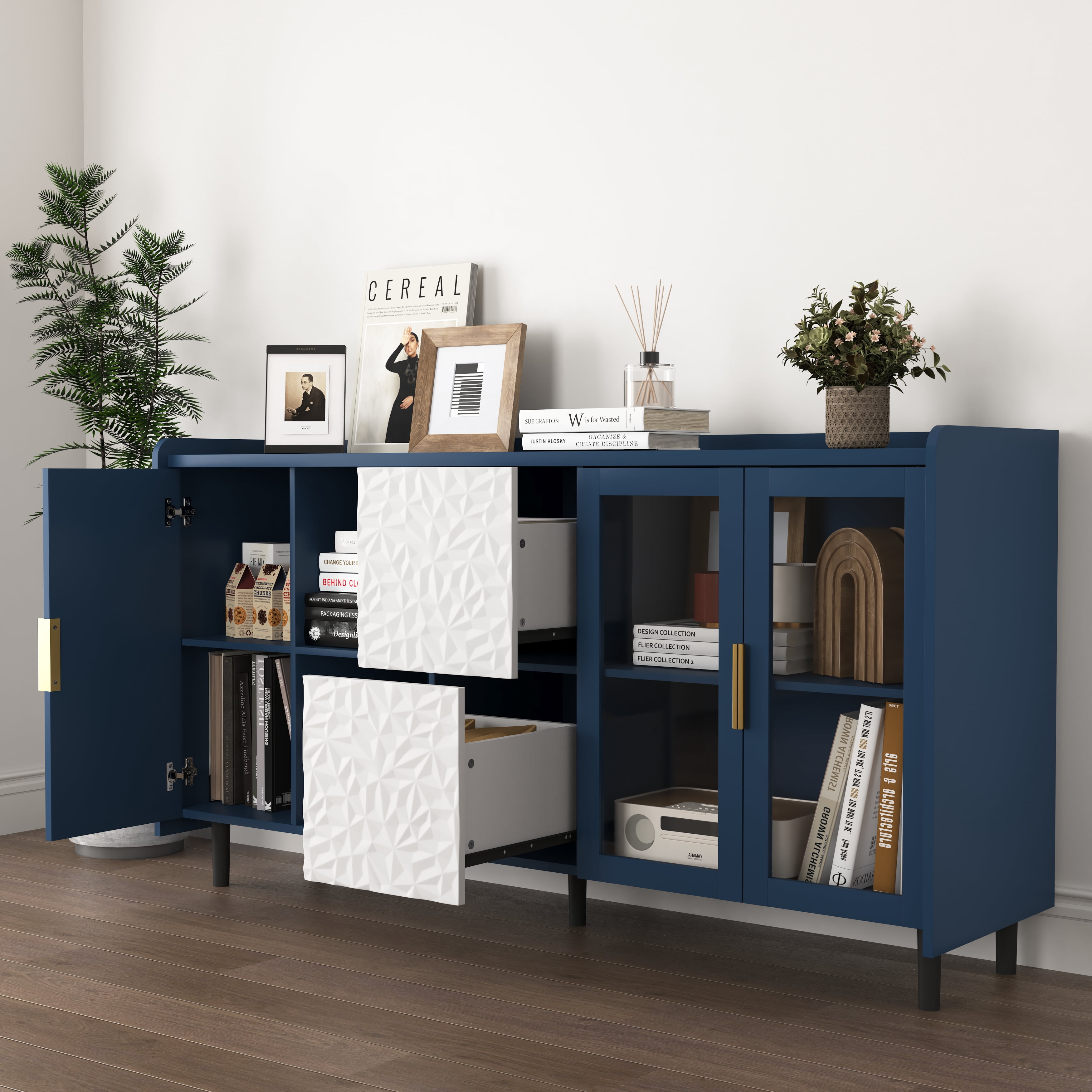 MAYEERTY Blue Kitchen Pantry Storage Cabinet, 55" Coffee Bar Cabinet with Glass Doors & Drawers