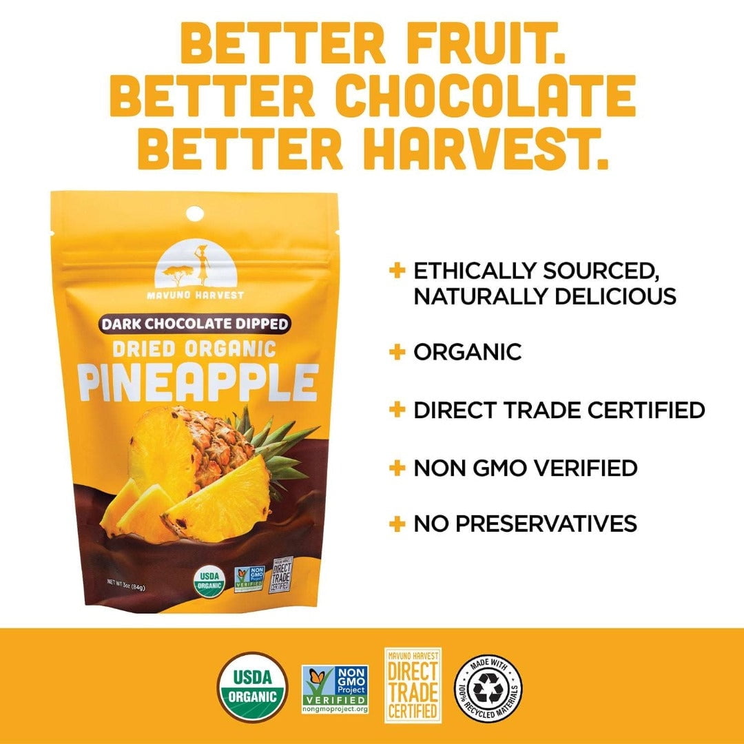 (Pack of 6), Mavuno Harvest Organic Dried Pineapple Dipped in Dark Chocolate, 3 oz
