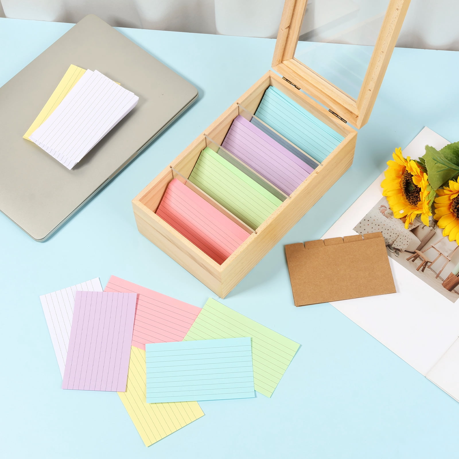 3 x 5in Index Card Holder Set Wood Recipe Box Organizer Index Card Organizer Adjustable Divider Without or With 300 Note Paper for Office Business Home