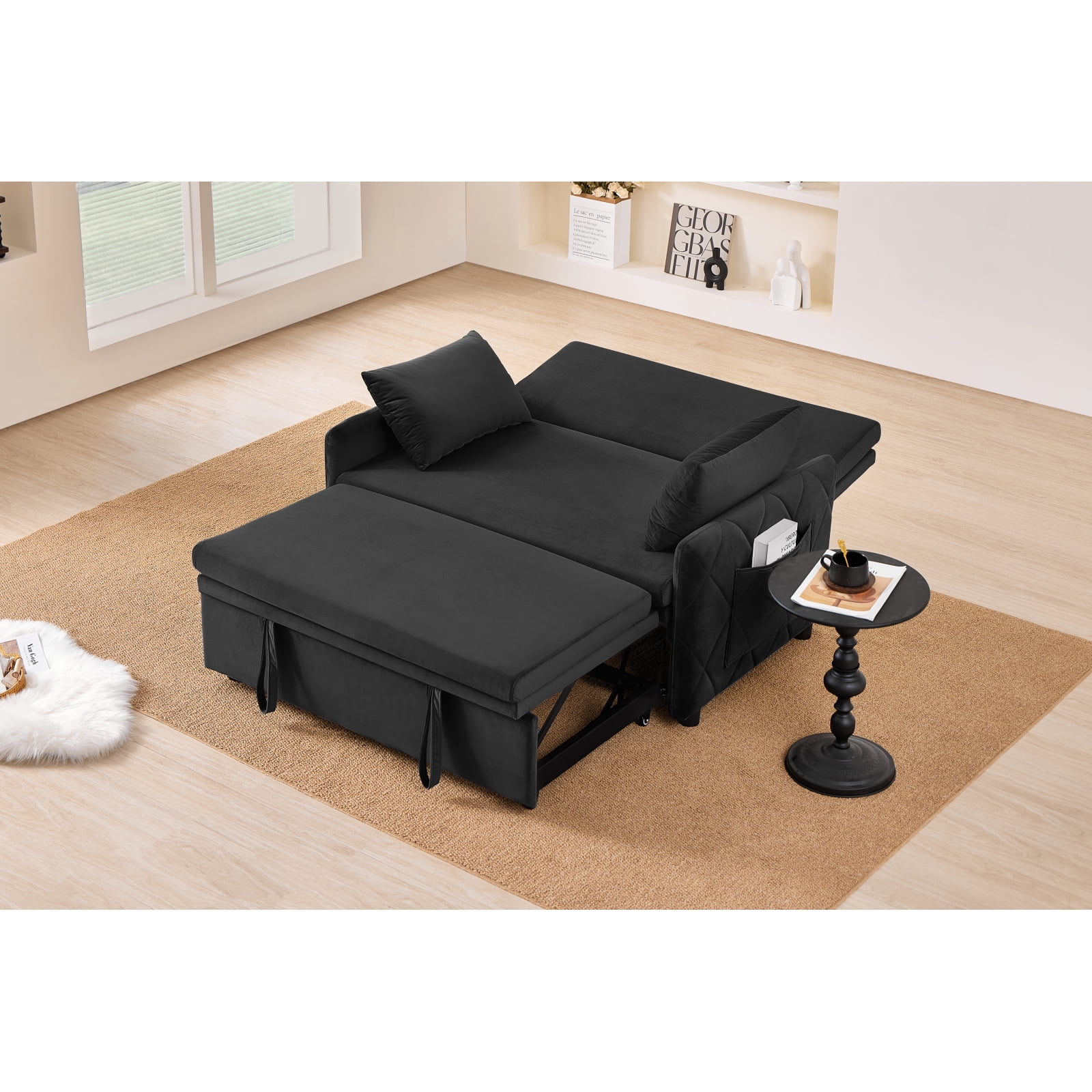 Leumius 3 in 1 Convertible Sleeper Sofa Bed, Modern Convertible Sofa Bed with 5-Position Adjustable Backrest,Velvet Pull Out Couch with Pull Out Bed for Living Room Furniture,Black