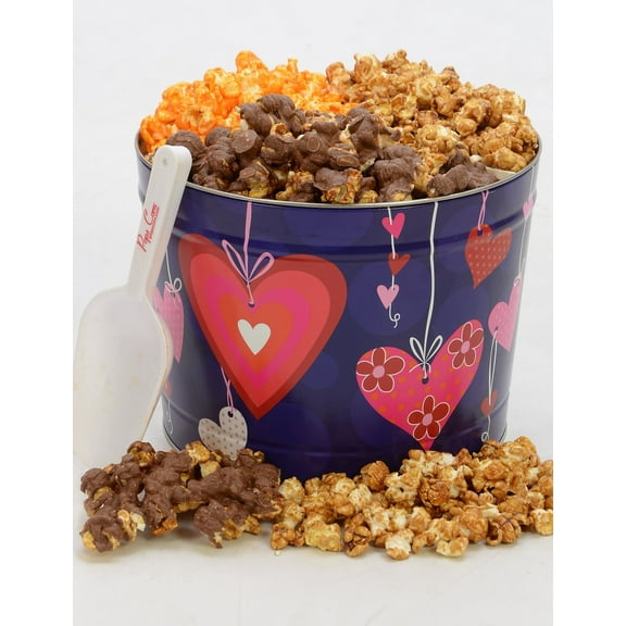 Heart Popcorn Tin. Pops Corn Gourmet Popcorn. This Large 2 Gallon Tin is Completely Filled with our 3 Most Popular Flavors! Pops Famous Caramel, Cheddar Cheese & Kettle Corn