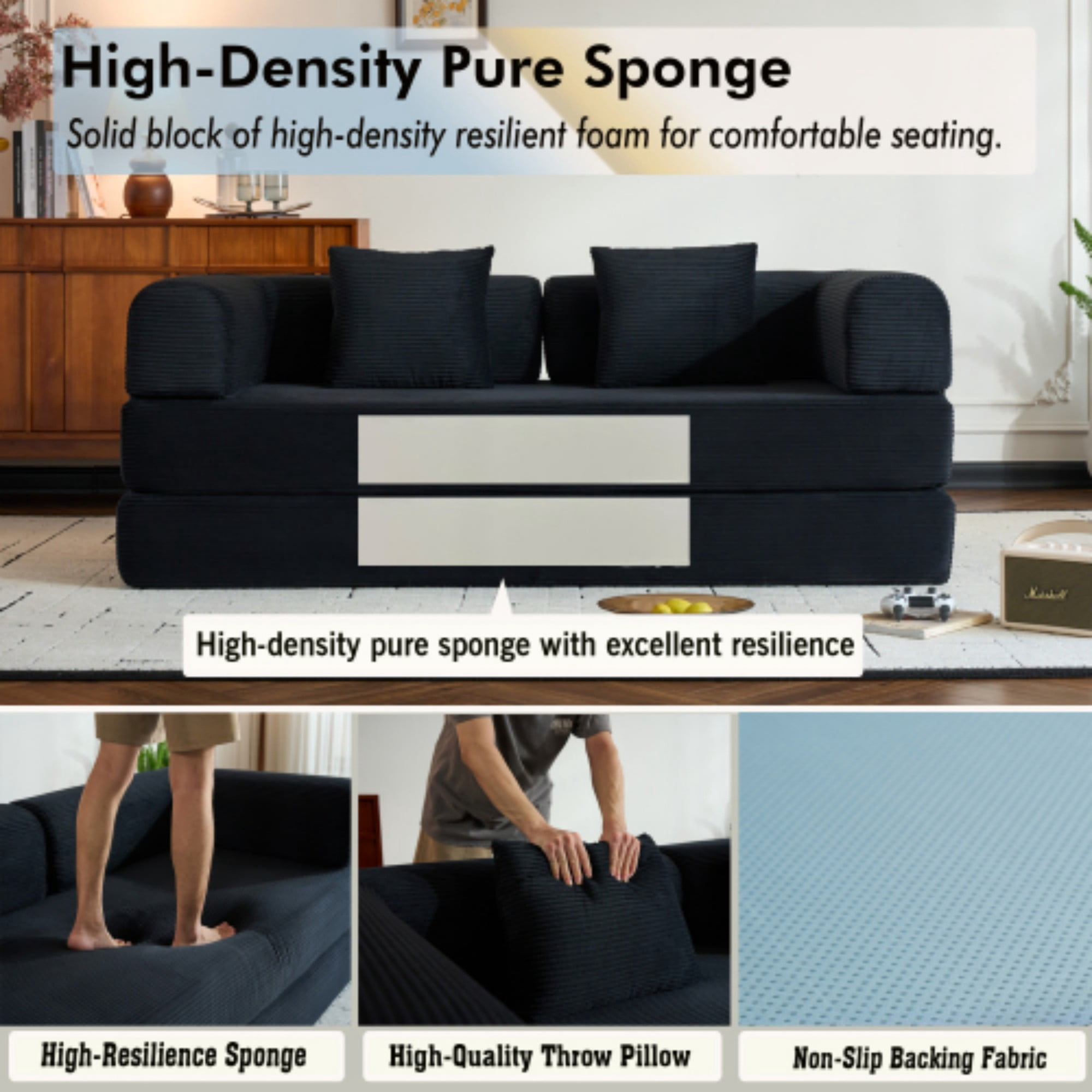 BSHTI 77" Corduroy Convertible Sleeper Sofa Bed with Cylindrical Pillow, No Assembly, Small Space for Living Room（Black）