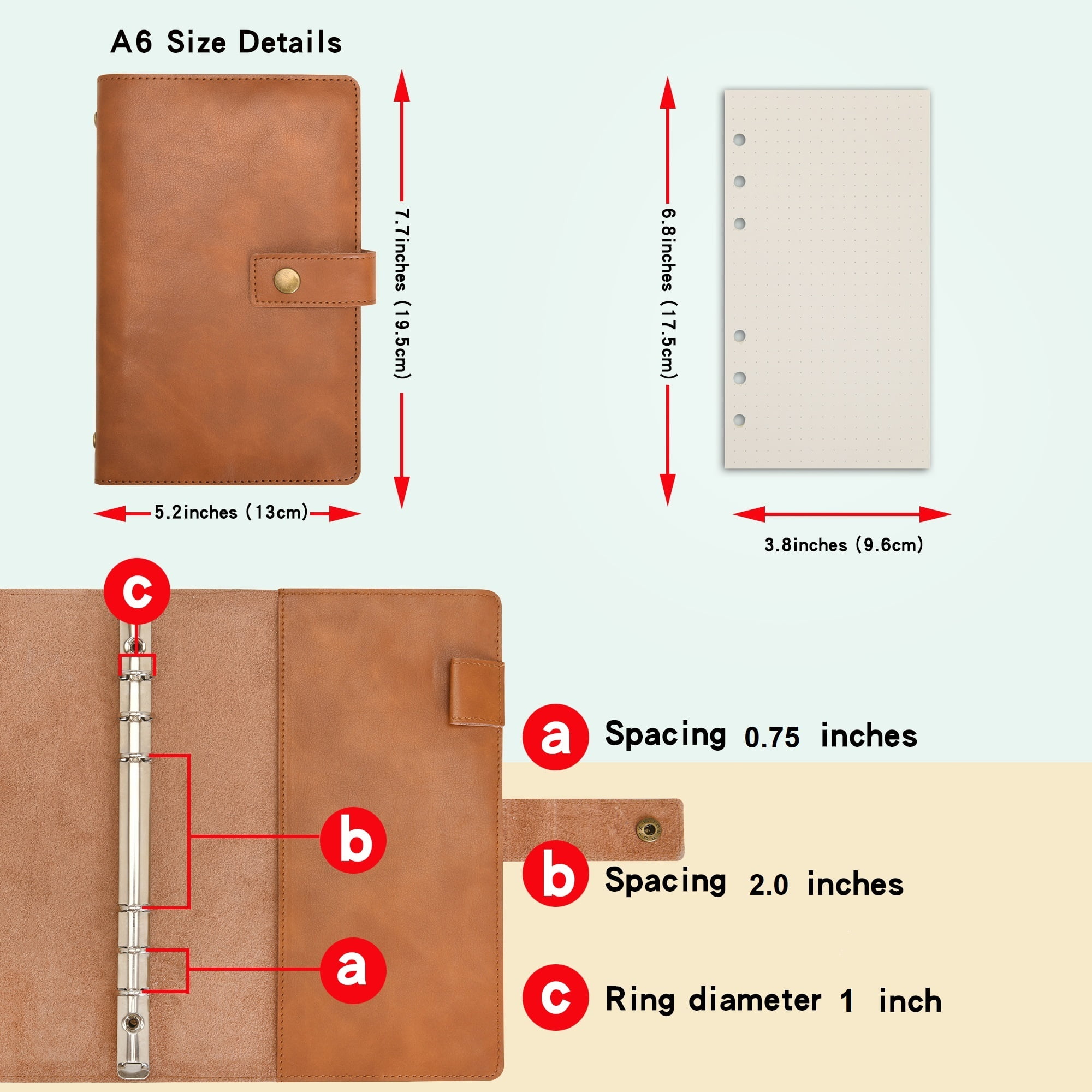 Wonderpool A6 Leather Journal Refillable Notebook Spiral Diary Binder Portfolio - Dotted Paper & Inner Pockets Organizer (Brown, A6)