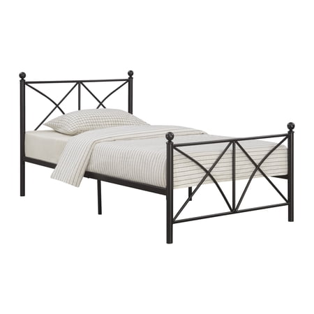 Adam 79 Inch Metal Twin Size Bed Frame  Crossed Bars  Matte Black