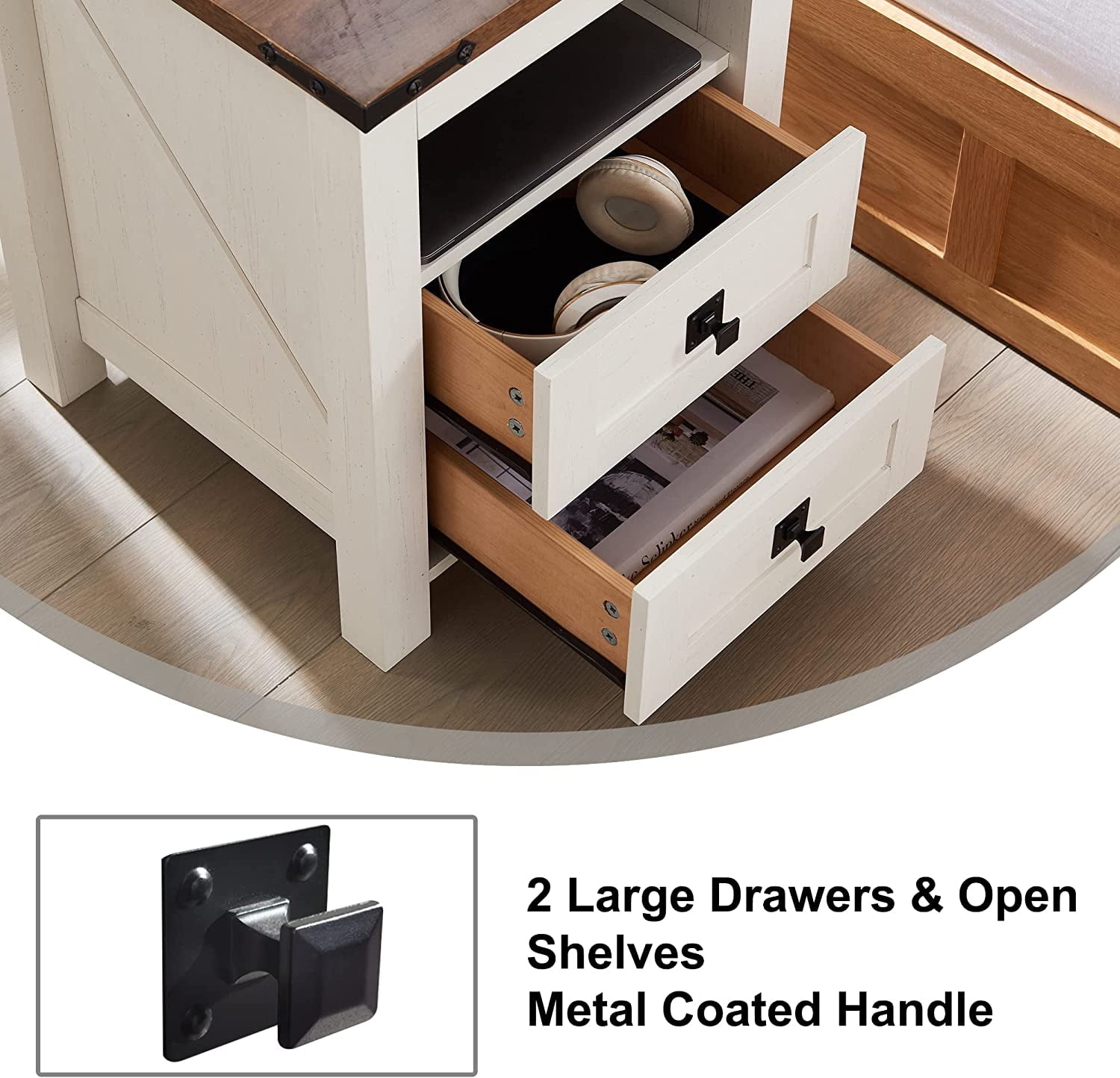 OKD Farmhouse Nightstand with Charging Station for Bedroom, 2-Drawer Rustic End Tables for Living Room, off White
