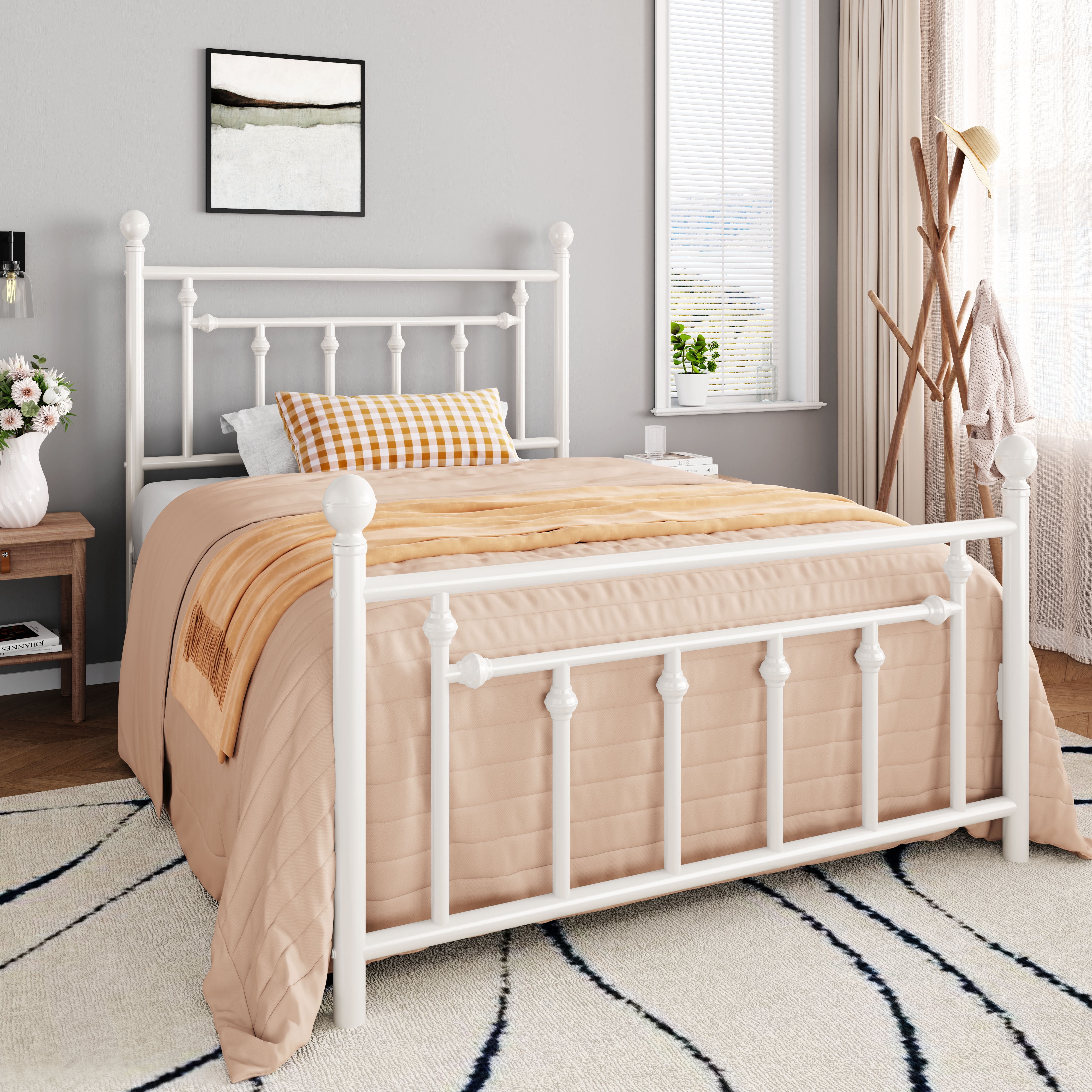 Amolife Twin Bed Frame, Metal Platform Bed with Vintage Headboard & No Box Spring Needed, White