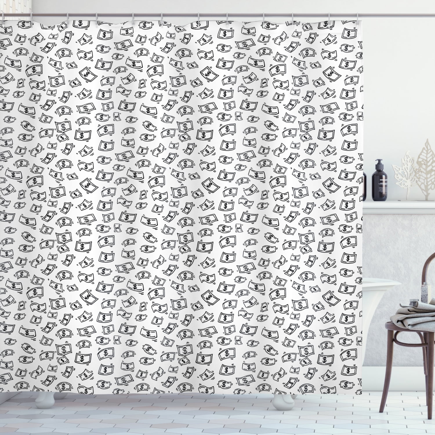 Money Shower Curtain, Sketch Style Monochrome Raining Dollar Bills Cash
