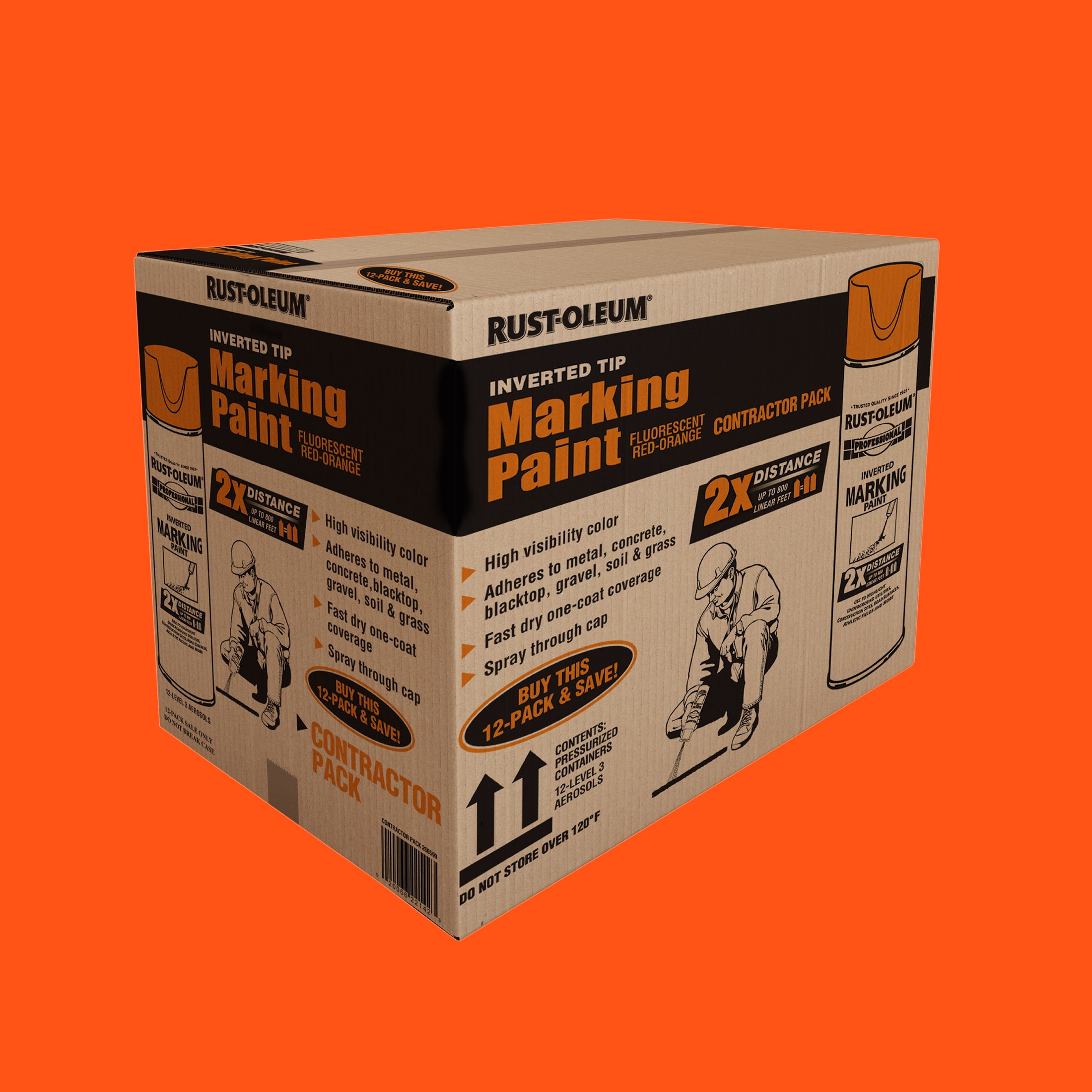 (24 pack) 12 Pack, Fluorescent Red-Orange, Rust-Oleum Professional Inverted Marking 2X Spray Paint, 266599- 15 oz