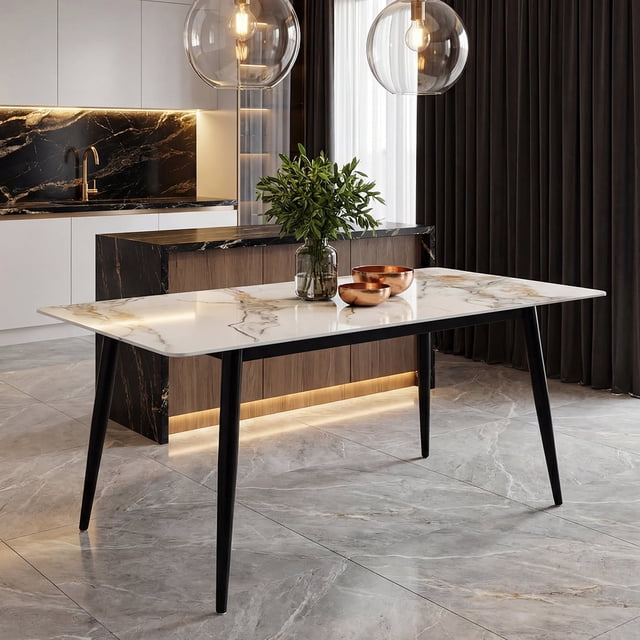 Mesa de Comedor Piedra Sinterizada para 4-6 Personas con Patas Metálicas Negras – Diseño Elegante y Resistente