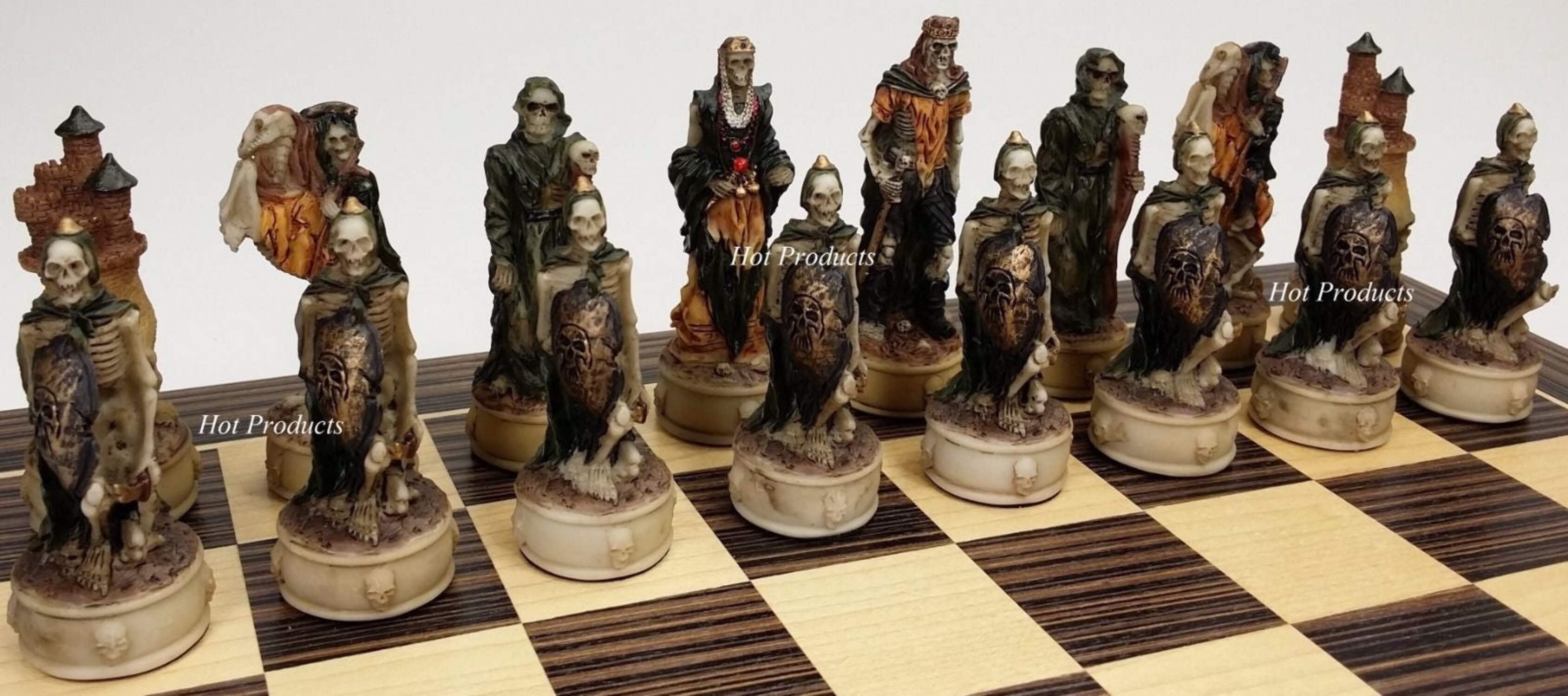 Skeleton Slayer Gothic Skull Chess Set W/ 14" Ebony  Maple Wood Board