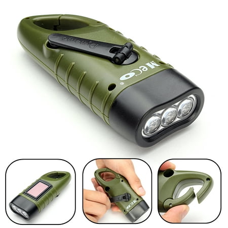 MECO Mini Solar Powered Hand Crank Flashlight Rechargeable LED Emergency Flashlight Cranking LED Camp Light with Clip For Emergency Hiking Camping Survival