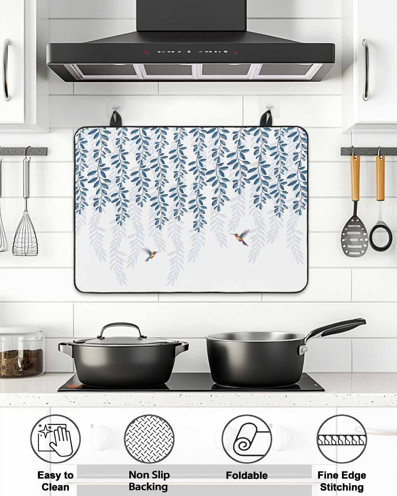 Stove Top Covers for Electric Stove, Blue Botanical Glass Stovetop Cover Protector, Pastoral Spring Floral Summer Birds Induction Cooktop Protector Oven Mat for Kitchen Countertop 24"x21"