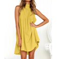 thumbnail image 2 of Women Summer Halter Neck Sleeveless Mini Dress Solid Color Hollow Out Back Pleated Ruffle A-Line Asymmetrical Sundress Yellow XXXL, 2 of 4