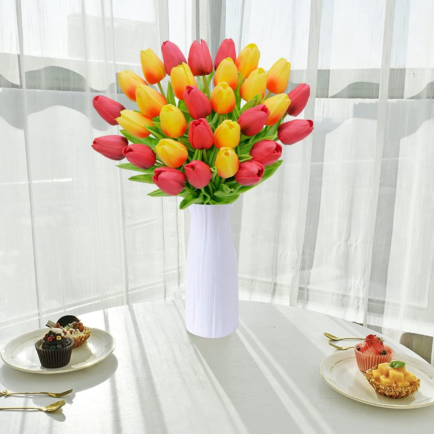 30Pcs Artificial Tulip Flowers Faux Tulip Stems PU Real Touch Tulips 13.7" for Spring Easter Vase Wedding Bouquets Floral Arrangements Wreath Table Centerpiece Indoor Outdoor Decoration (Orange, Red)