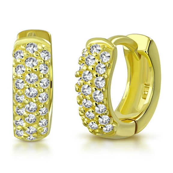 925 Sterling Silver Yellow Gold-Tone Clear CZ Hoop Huggie Earrings, 0.30"